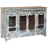 Wooden Old World Distressed Painted Finish Glass Old Sideboard